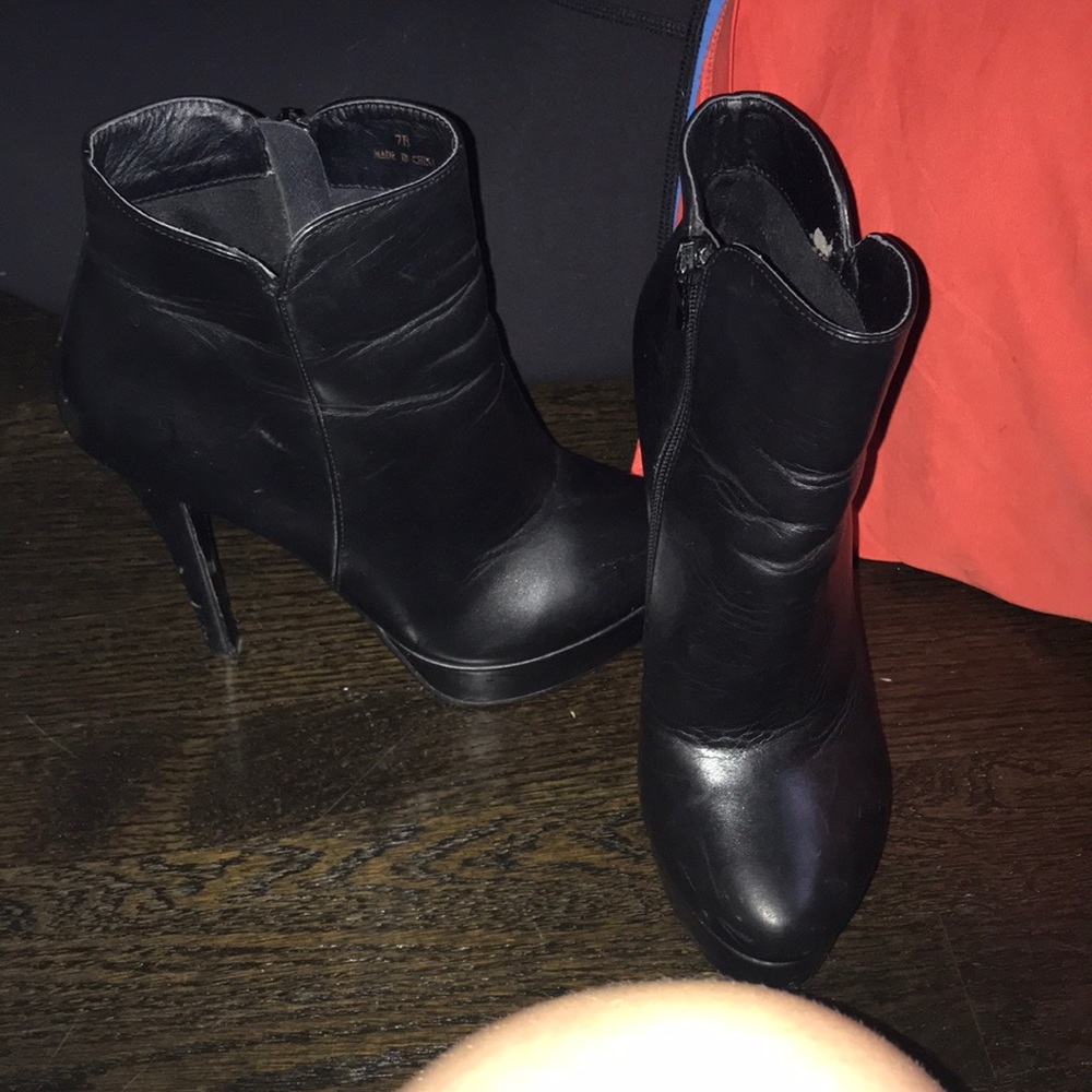 Genuine black leather high heel booties